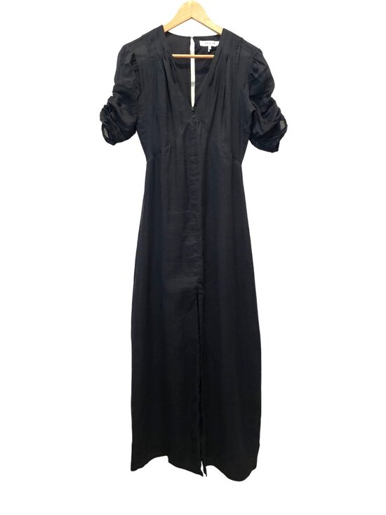 Frame Dresses & Skirts - FRAME Shirred Sleeve 100% Ramie Black V-Neck 1/4 Sleeve Maxi Dress Sz XS